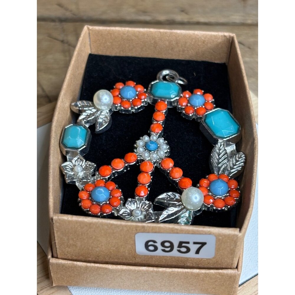 Metallic Floral Peace Sign Pendant With Orange & Turquoise Beads Faux Pearls & S